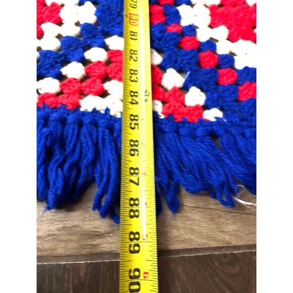 VTG Granny Square Red White Blue Crocheted Afghan Blanket 88"x64" Cottage Core - Picture 9 of 10